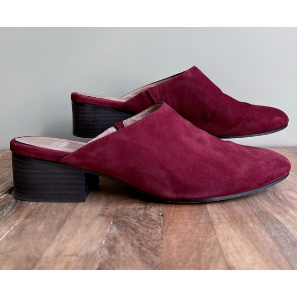 Eileen Fisher Sylvia Suede Mules Size 9 Wine Red Block Heel Slides Shoes - Picture 1 of 10